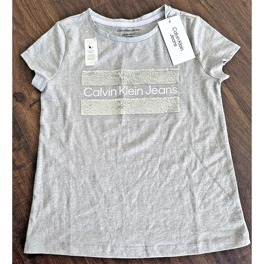 Calvin Klein Logo Girls Cotton T-shirt With Reversible Sequins Light Gray M